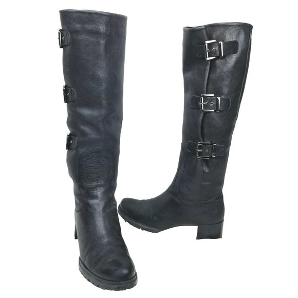 Stuart Weitzman Tall Black Leather Buckle Heeled Riding Boots size 8.5 - Picture 1 of 15